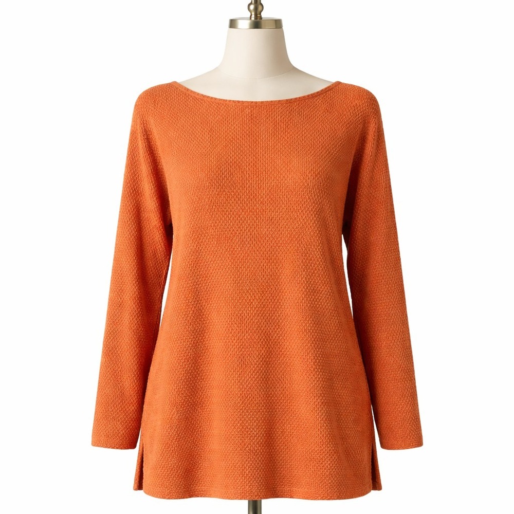 J Jill Womens L Textured Knit Tunic Sweater Cotton Rayon Blend Orange Side Slits